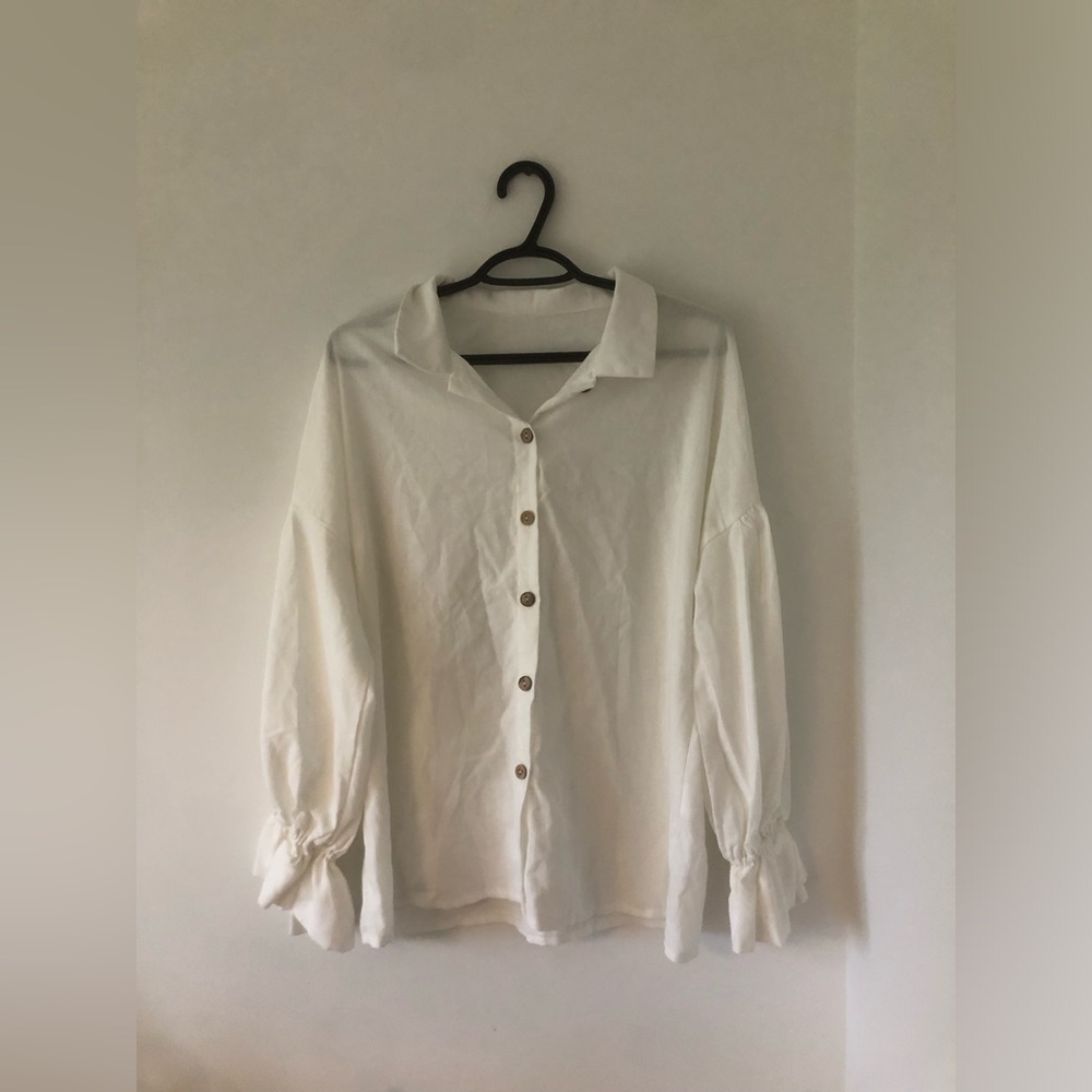 Linen Blend Classic White Button-Front Shirt | Size M